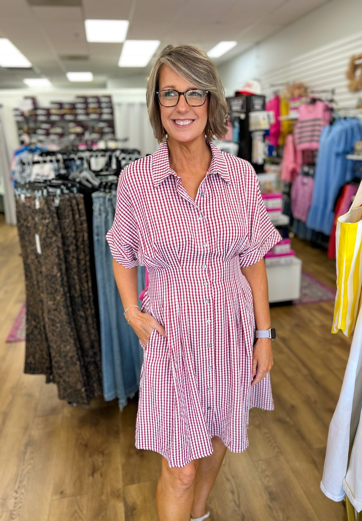 Red Gingham Waist Pintuck Dress with Pockets - A'Bekah's Boutique