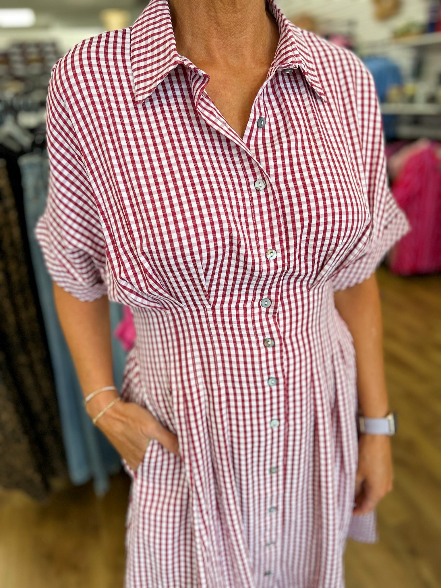 Red Gingham Waist Pintuck Dress with Pockets - A'Bekah's Boutique