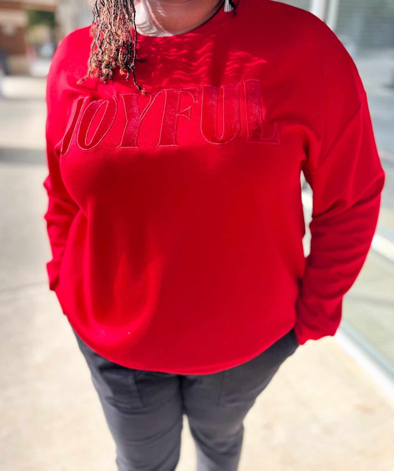 Red Joyful Velvet Patch Luxe Long Sleeve Pullover (C) - A'Bekah's Boutique