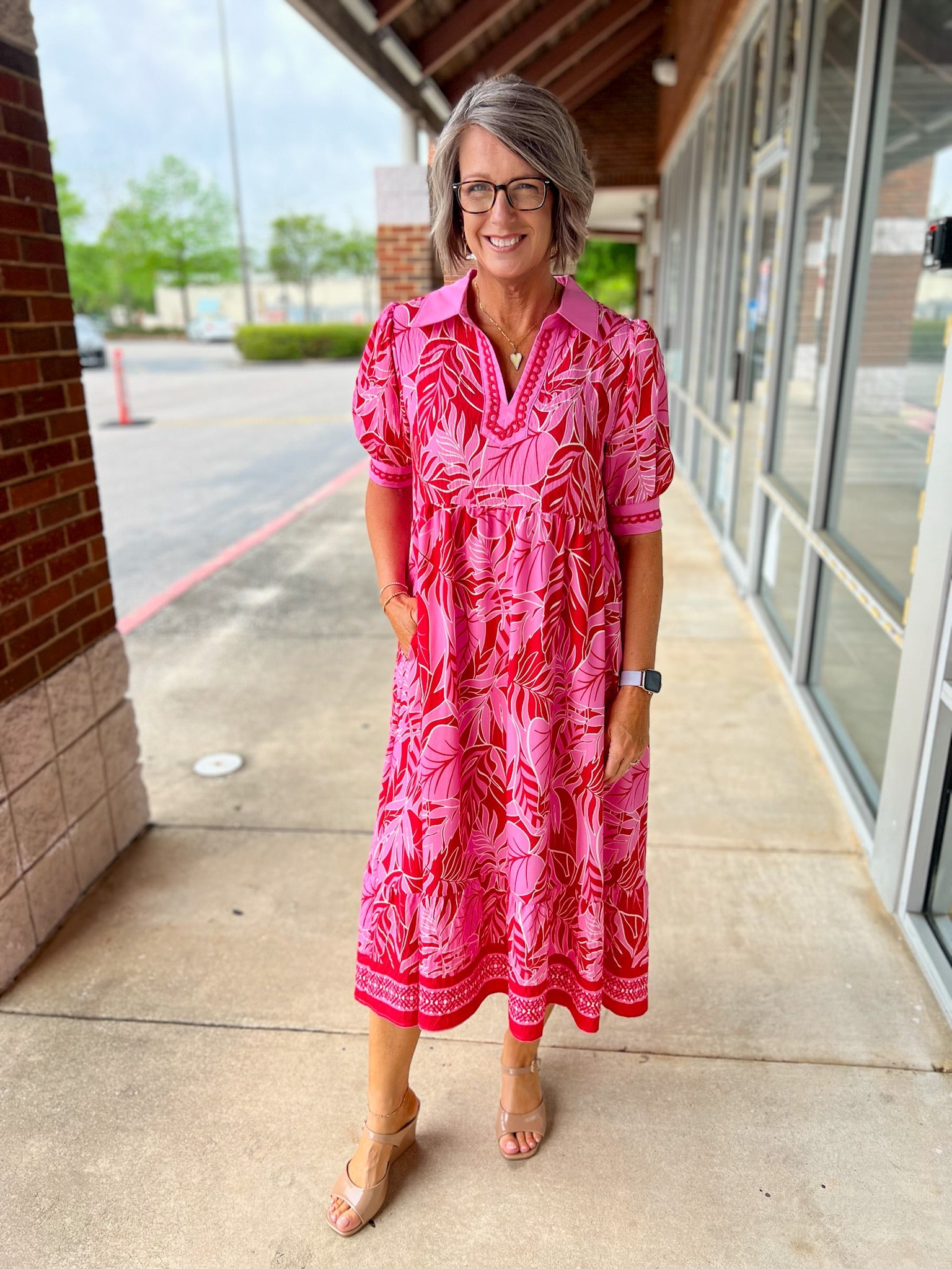 Red Leafy Print V - Neck 3/4 Sleeve Midi Dress - A'Bekah's Boutique