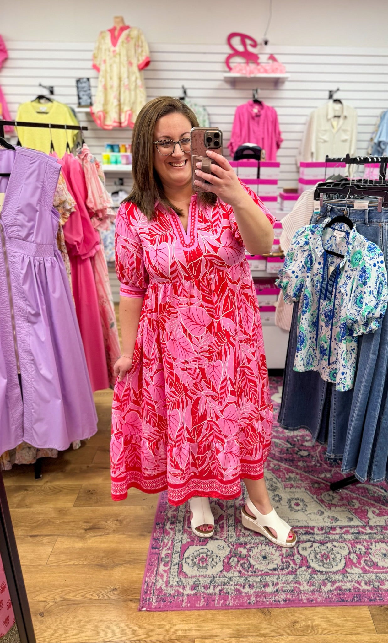 Red Leafy Print V - Neck 3/4 Sleeve Midi Dress - A'Bekah's Boutique