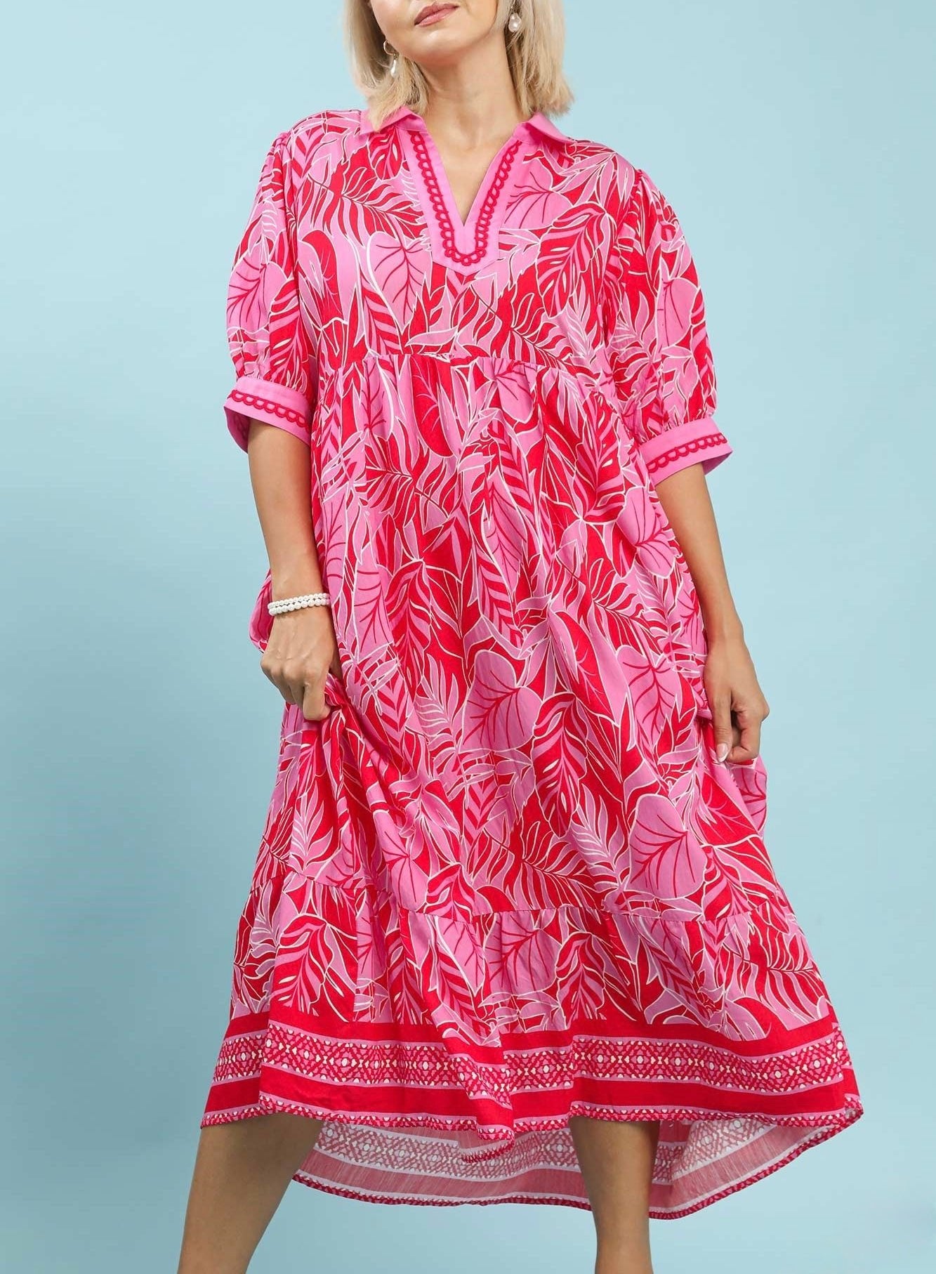 Red Leafy Print V - Neck 3/4 Sleeve Midi Dress - A'Bekah's Boutique