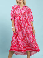 Red Leafy Print V - Neck 3/4 Sleeve Midi Dress - A'Bekah's Boutique