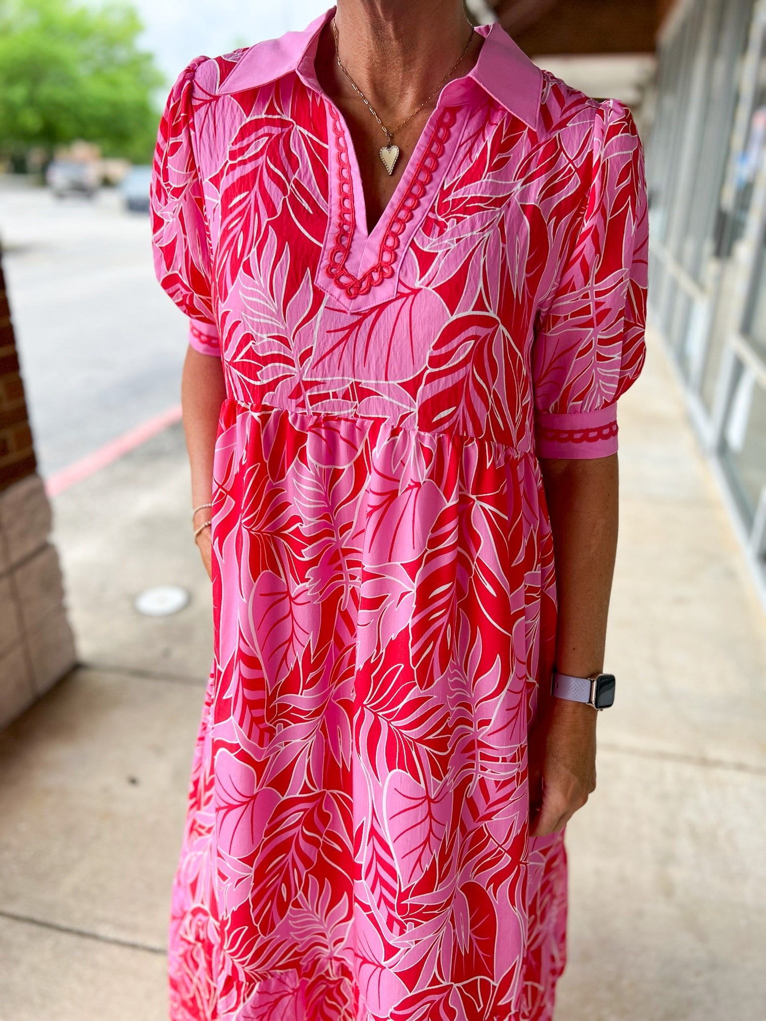Red Leafy Print V - Neck 3/4 Sleeve Midi Dress - A'Bekah's Boutique