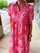 Red Leafy Print V - Neck 3/4 Sleeve Midi Dress - A'Bekah's Boutique