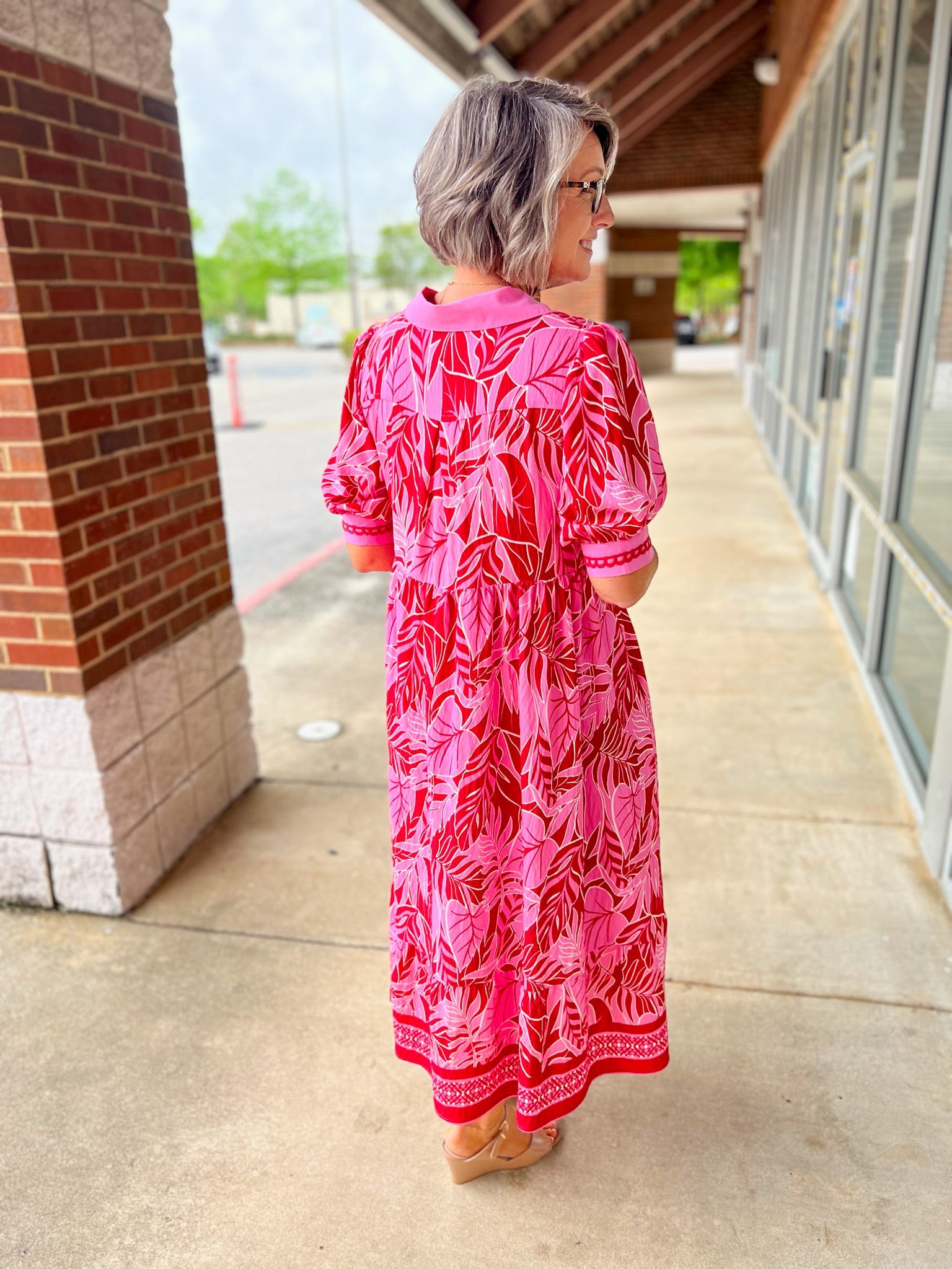 Red Leafy Print V - Neck 3/4 Sleeve Midi Dress - A'Bekah's Boutique