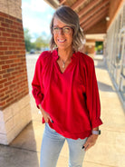 Red Linen Boho V - Neck Top with 3/4 Balloon Sleeves and Scalloped Hem - A'Bekah's Boutique