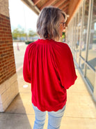 Red Linen Boho V - Neck Top with 3/4 Balloon Sleeves and Scalloped Hem - A'Bekah's Boutique