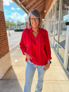 Red Linen Boho V - Neck Top with 3/4 Balloon Sleeves and Scalloped Hem - A'Bekah's Boutique
