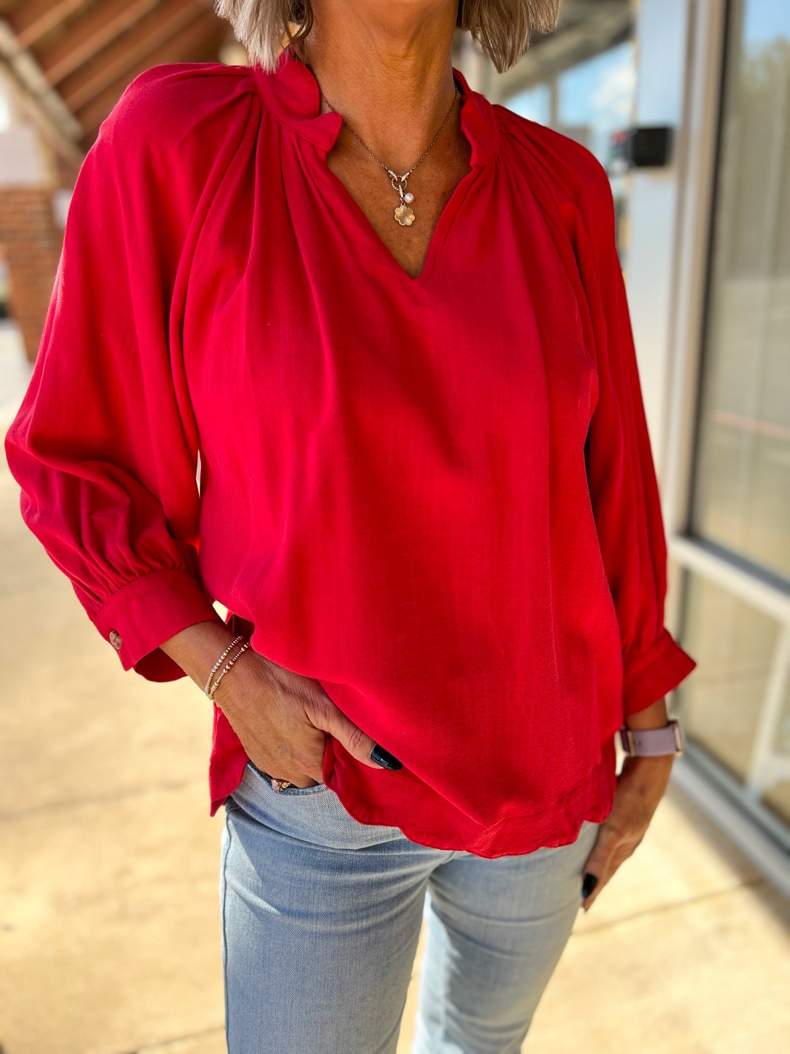 Red Linen Boho V - Neck Top with 3/4 Balloon Sleeves and Scalloped Hem - A'Bekah's Boutique