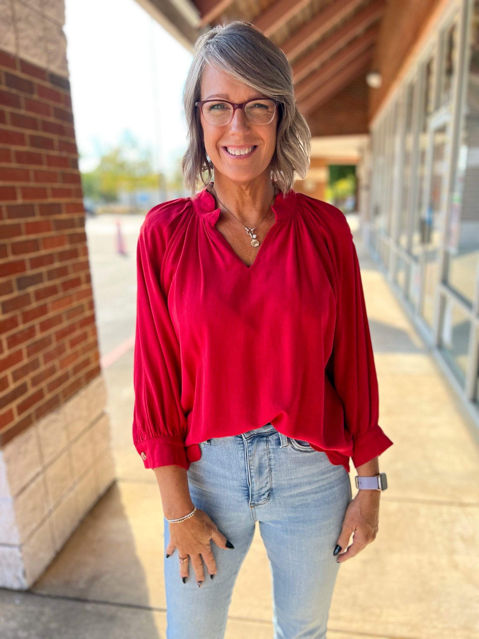 Red Linen Boho V - Neck Top with 3/4 Balloon Sleeves and Scalloped Hem - A'Bekah's Boutique