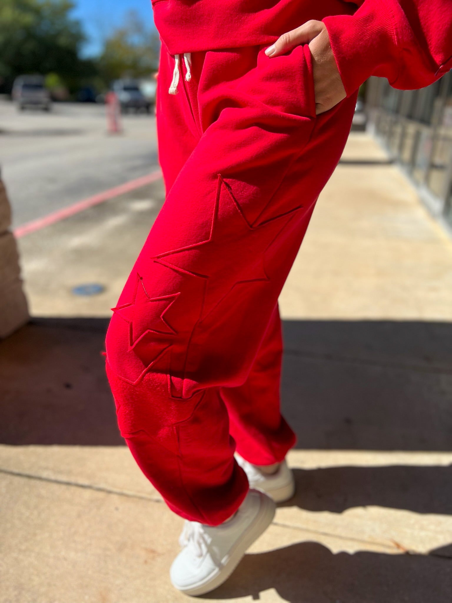 Red Long Sweatsuit Set with Star Patch Details - A'Bekah's Boutique