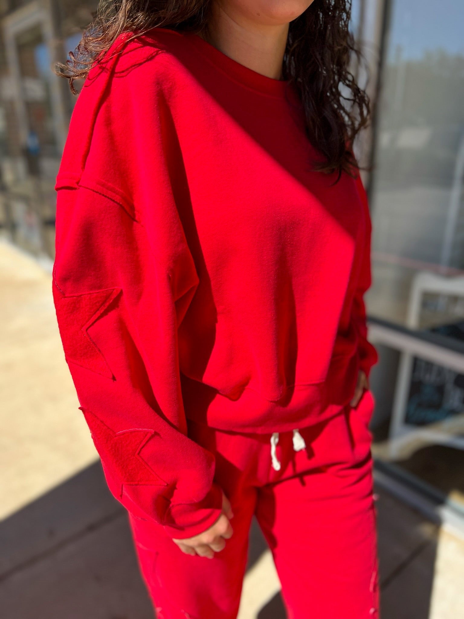 Red Long Sweatsuit Set with Star Patch Details - A'Bekah's Boutique