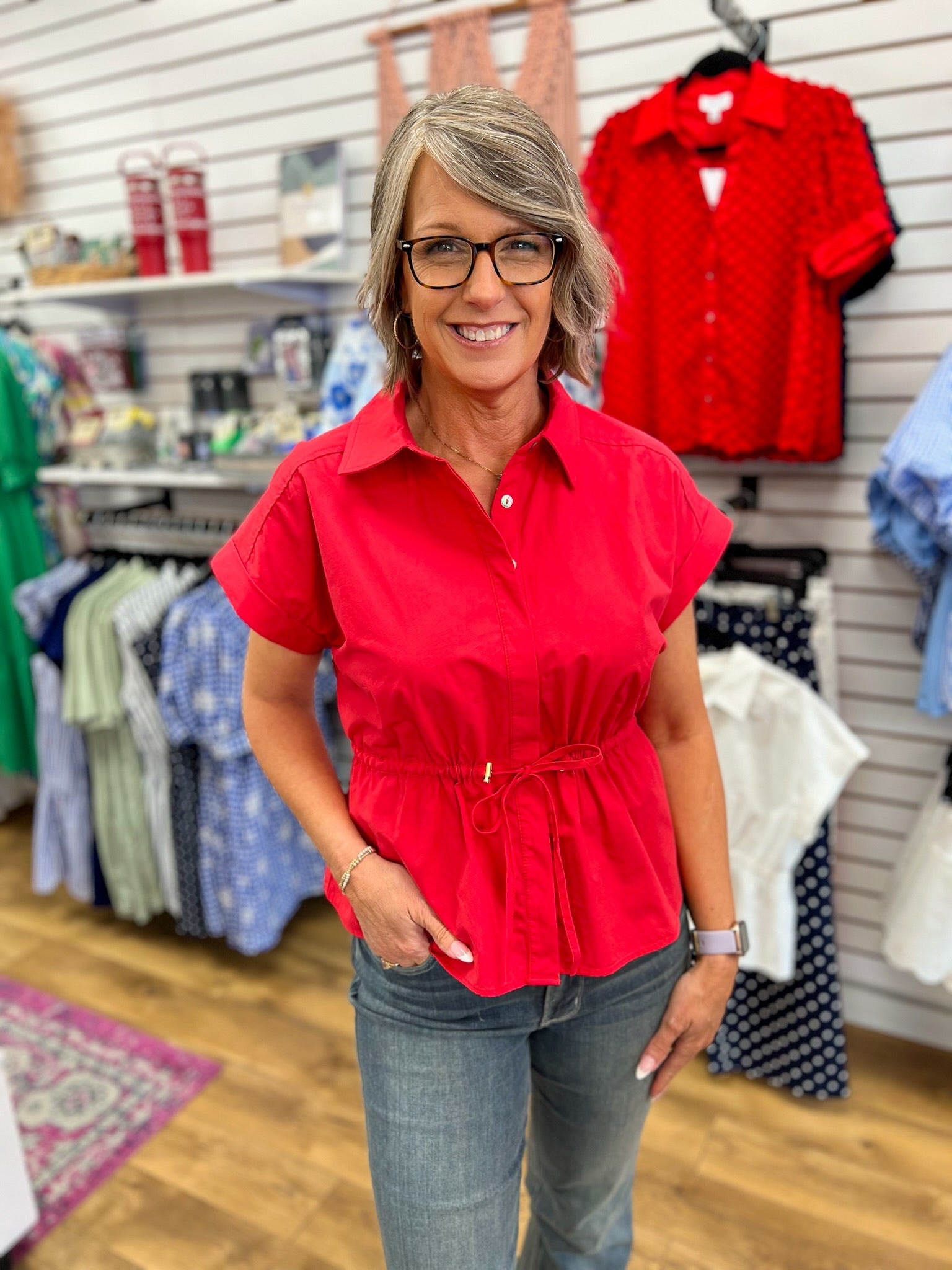Red Peplum Top with Drawstring Waist - A'Bekah's Boutique