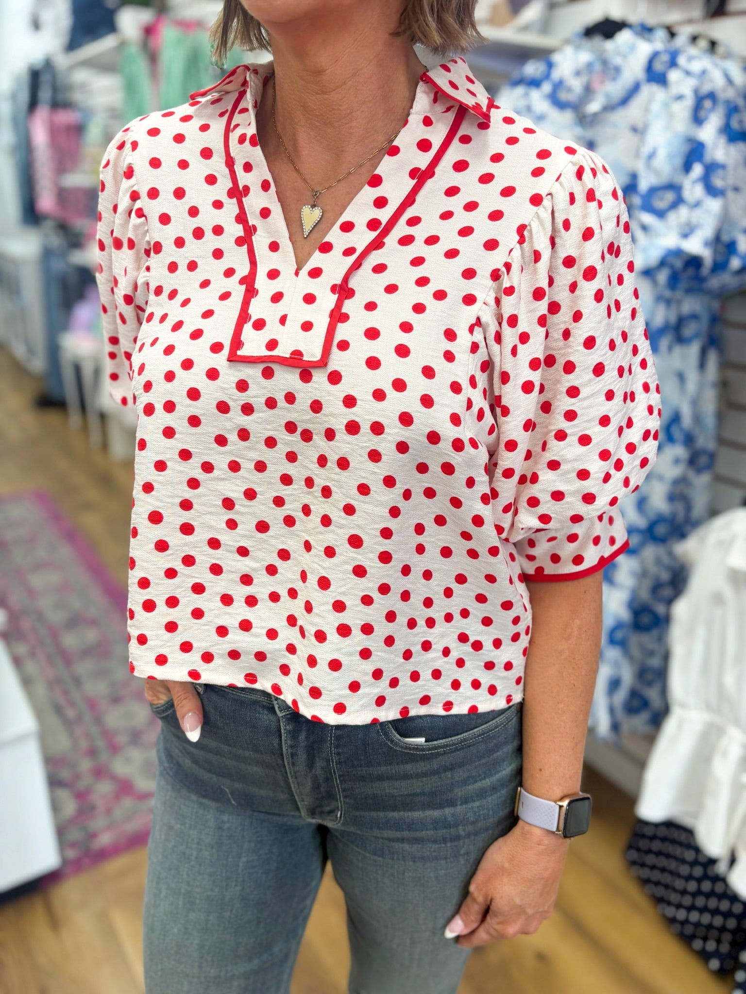 Red Polka Dot Top with Contrast Trim and Puff Sleeves - A'Bekah's Boutique