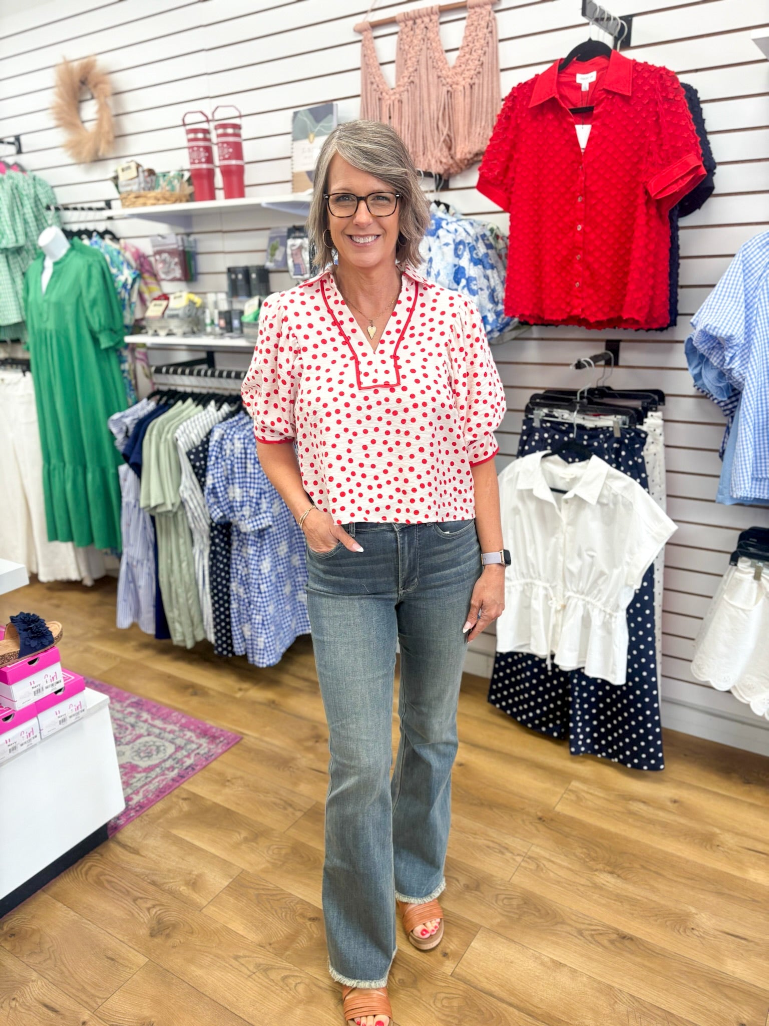 Red Polka Dot Top with Contrast Trim and Puff Sleeves - A'Bekah's Boutique