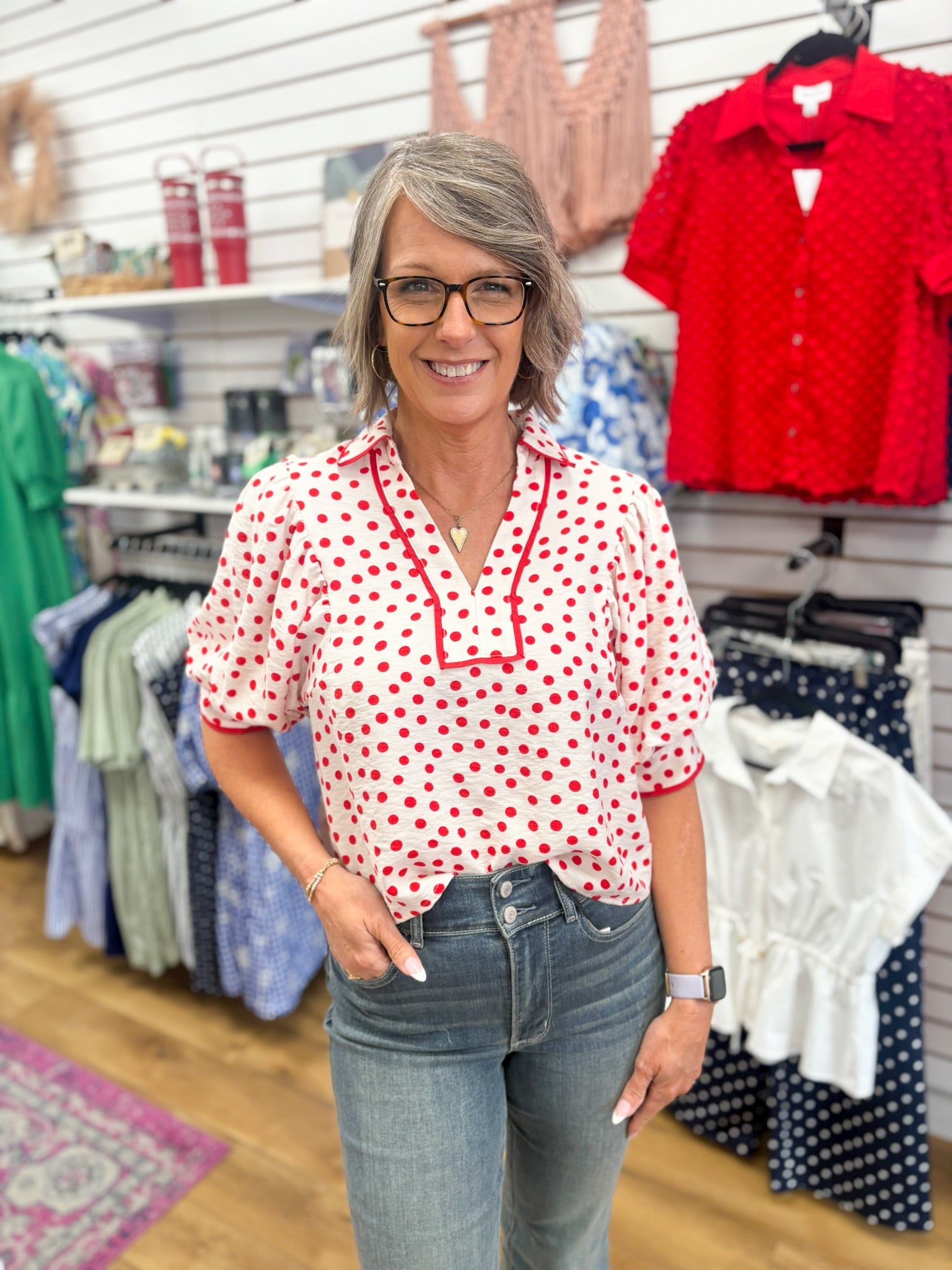 Red Polka Dot Top with Contrast Trim and Puff Sleeves - A'Bekah's Boutique