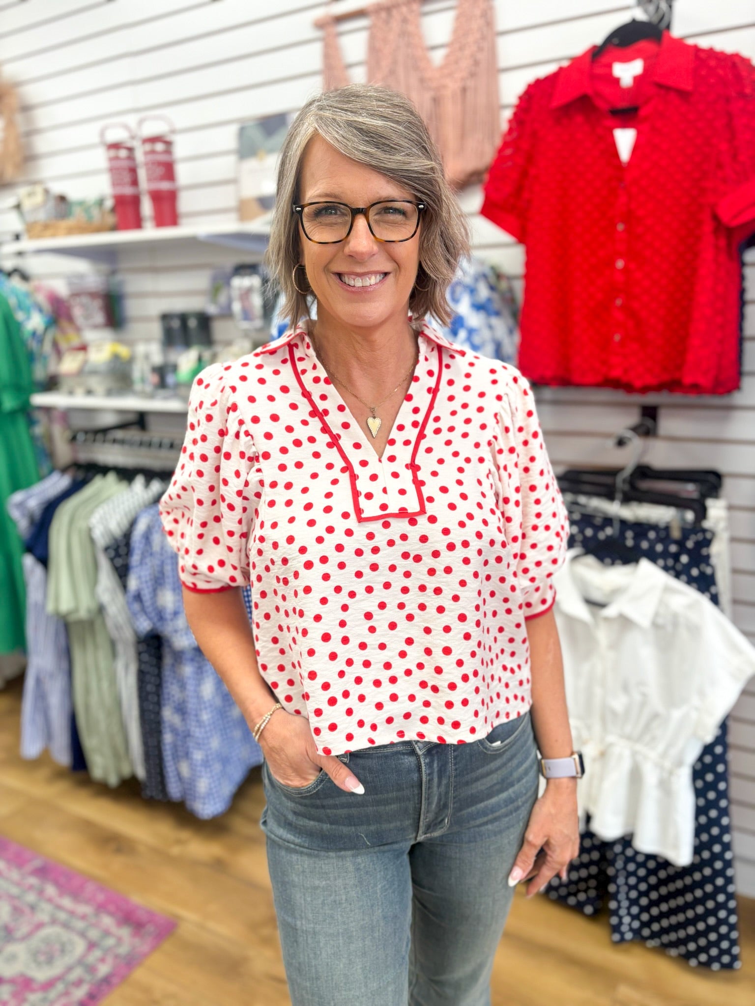 Red Polka Dot Top with Contrast Trim and Puff Sleeves - A'Bekah's Boutique