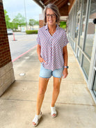 Red Print V - Neck Short Sleeve Collared Top - A'Bekah's Boutique