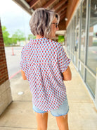 Red Print V - Neck Short Sleeve Collared Top - A'Bekah's Boutique