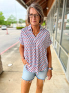 Red Print V - Neck Short Sleeve Collared Top - A'Bekah's Boutique