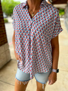Red Print V - Neck Short Sleeve Collared Top - A'Bekah's Boutique