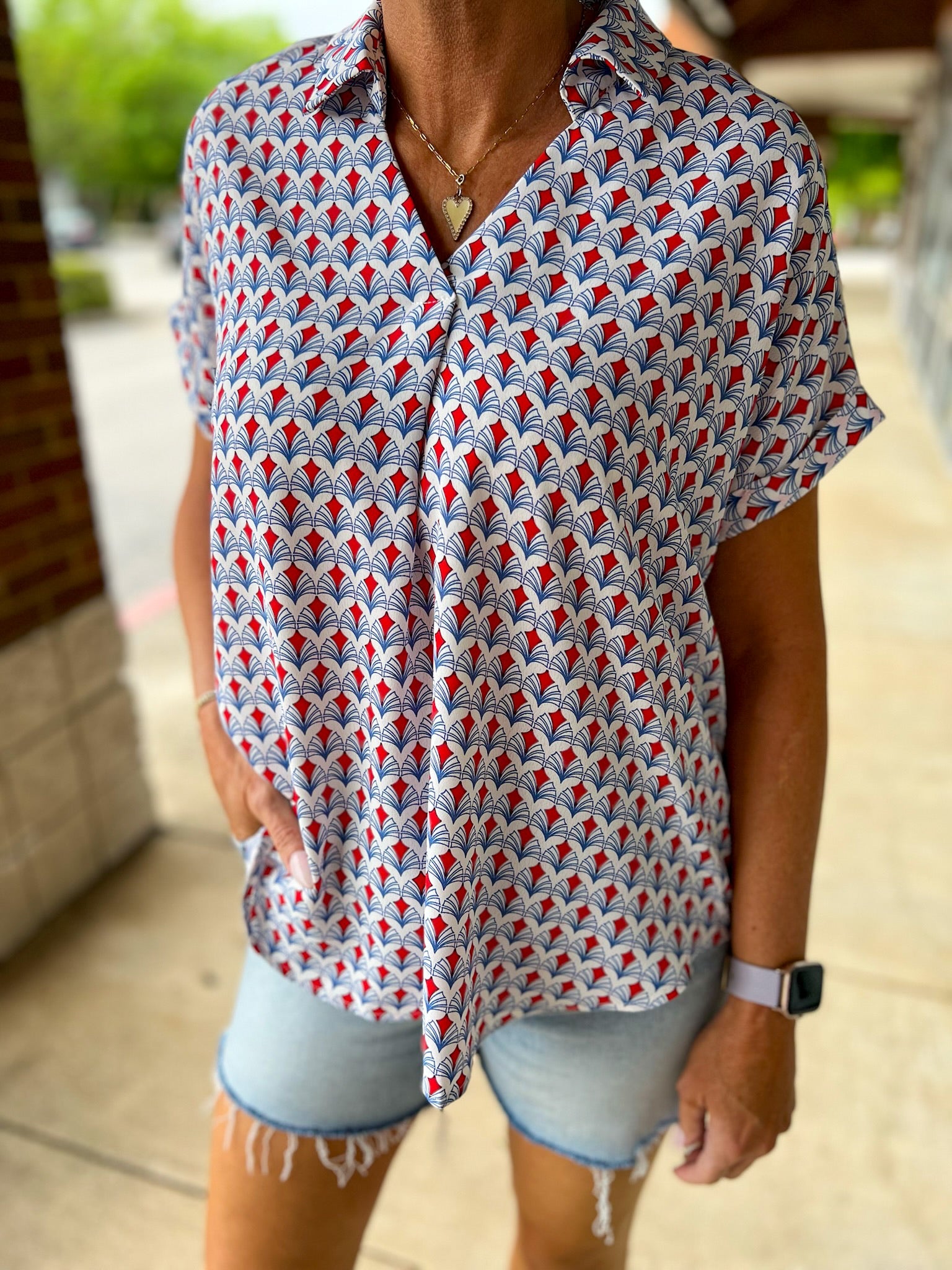 Red Print V - Neck Short Sleeve Collared Top - A'Bekah's Boutique
