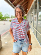Red Print V - Neck Short Sleeve Collared Top - A'Bekah's Boutique