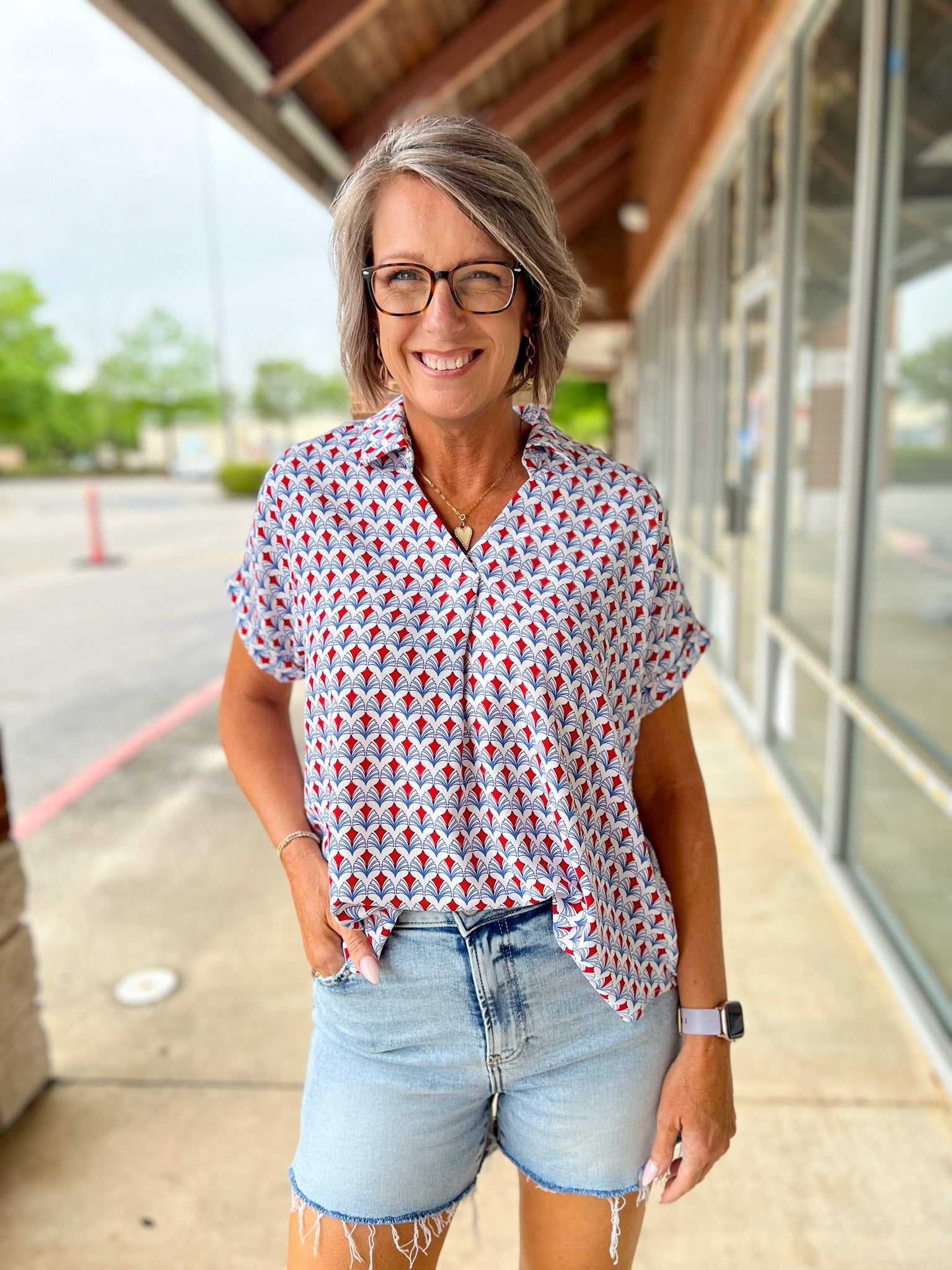 Red Print V - Neck Short Sleeve Collared Top - A'Bekah's Boutique