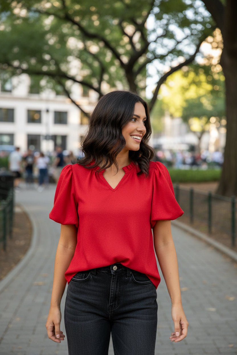 Red Shimmery V - Neck Top with Short Puff Sleeves - A'Bekah's Boutique