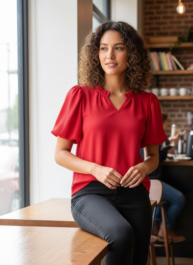 Red Shimmery V - Neck Top with Short Puff Sleeves - A'Bekah's Boutique