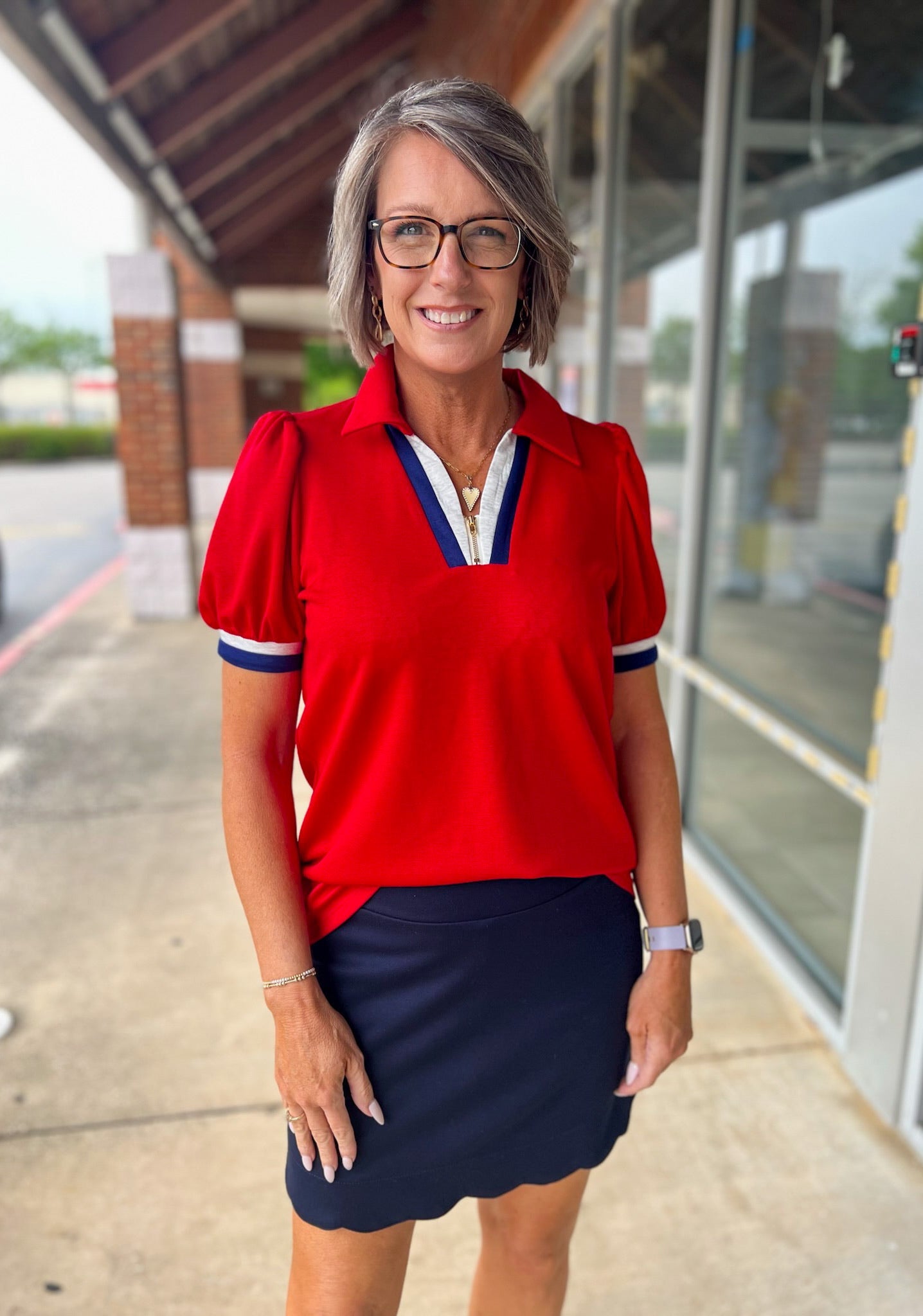 Red Short Puff Sleeve Top with Zipper and Contrast Details - A'Bekah's Boutique