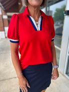 Red Short Puff Sleeve Top with Zipper and Contrast Details - A'Bekah's Boutique