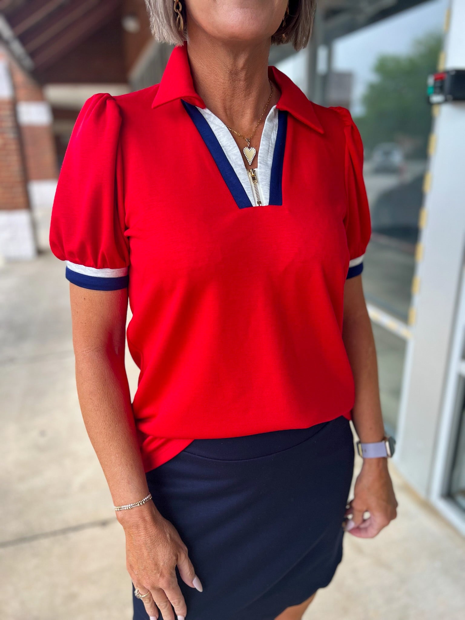 Red Short Puff Sleeve Top with Zipper and Contrast Details - A'Bekah's Boutique