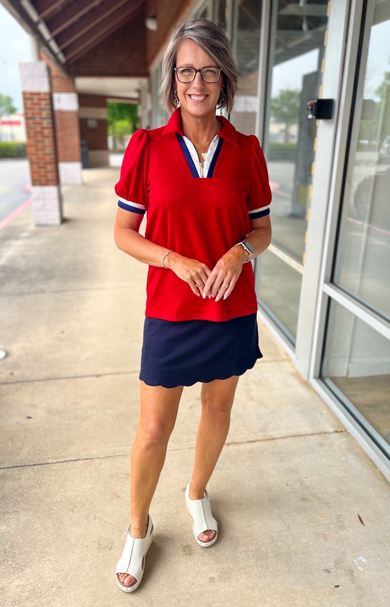 Red Short Puff Sleeve Top with Zipper and Contrast Details - A'Bekah's Boutique
