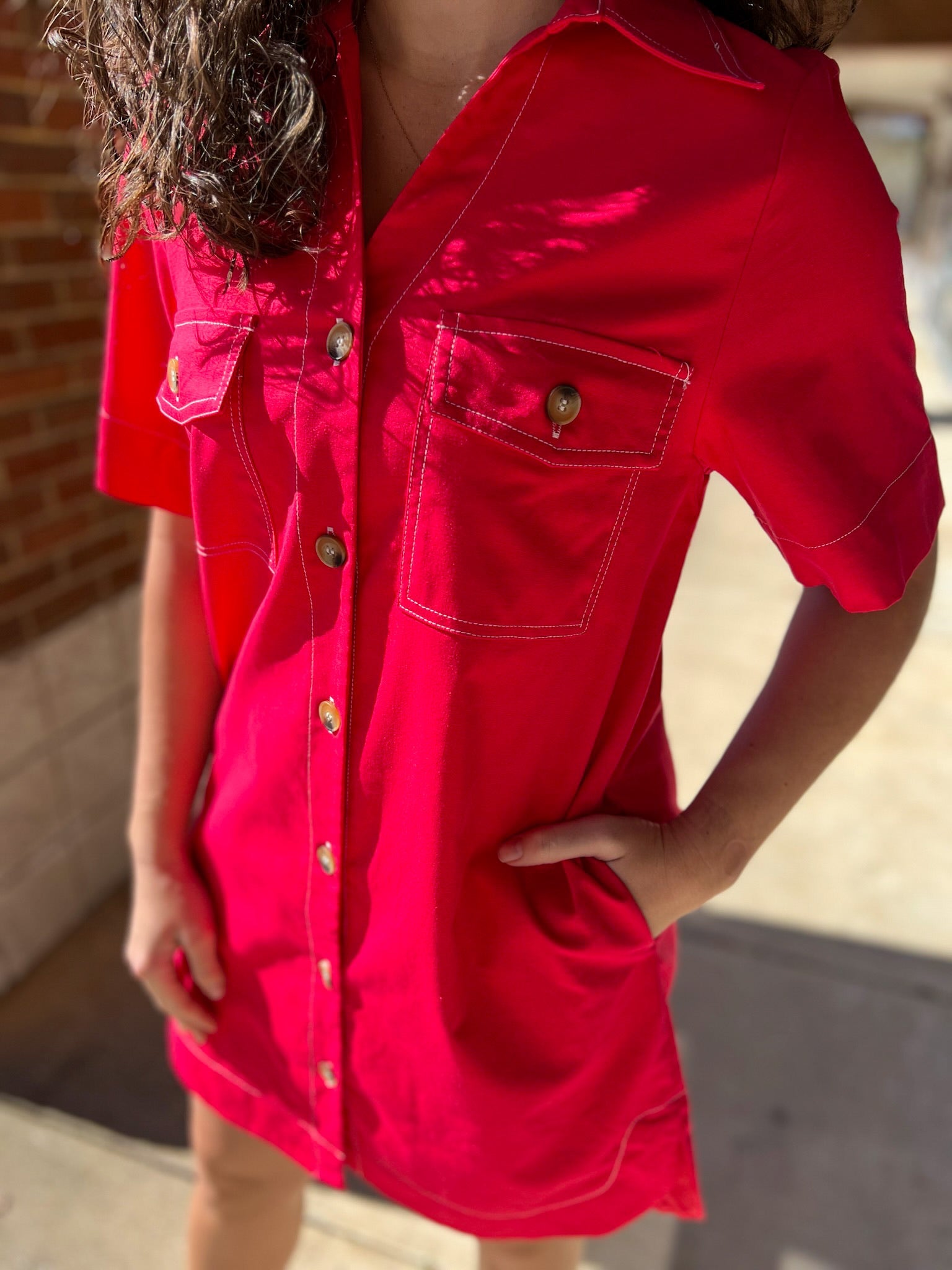 Red Short Sleeve Button Up Dress with Pockets - A'Bekah's Boutique