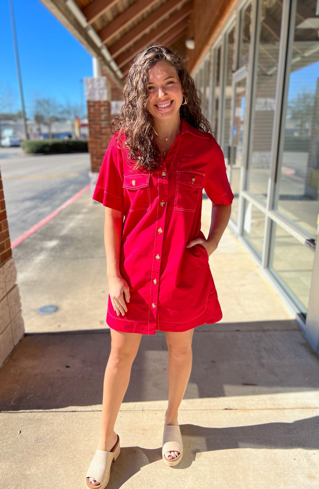 Red Short Sleeve Button Up Dress with Pockets - A'Bekah's Boutique