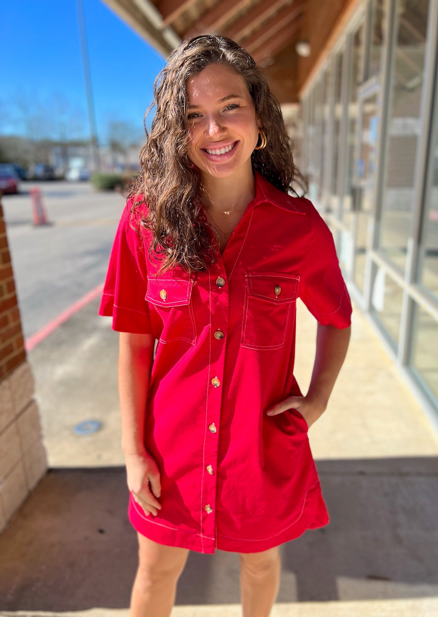 Red Short Sleeve Button Up Dress with Pockets - A'Bekah's Boutique