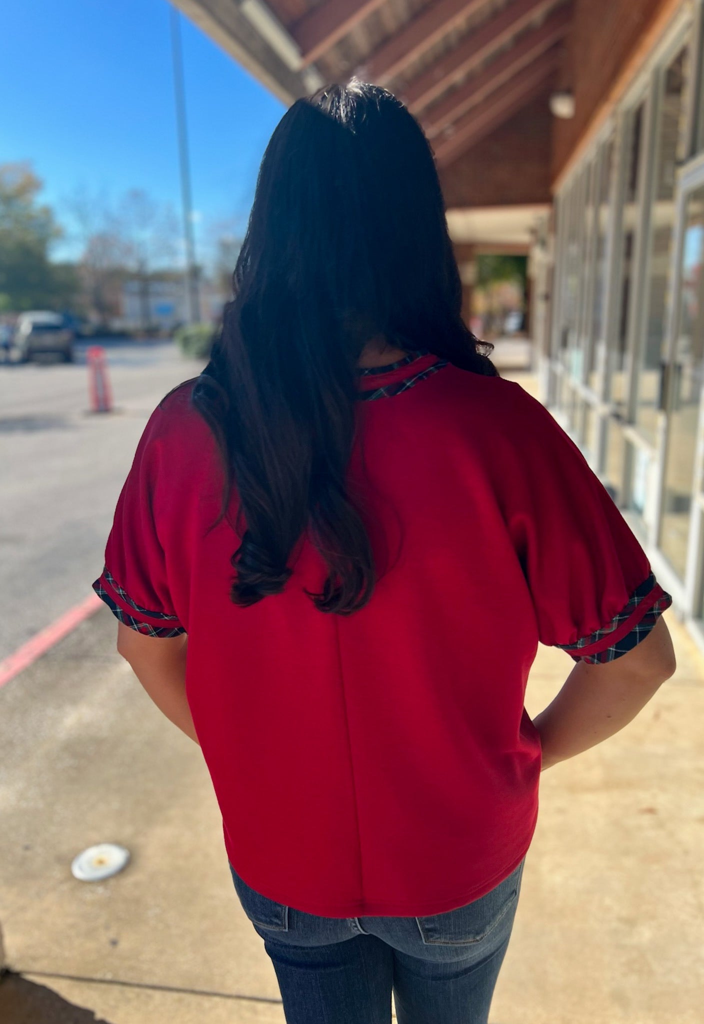 Red Short Sleeve V - Neck Top with Plaid Binding Trim - A'Bekah's Boutique