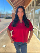 Red Short Sleeve V - Neck Top with Plaid Binding Trim - A'Bekah's Boutique