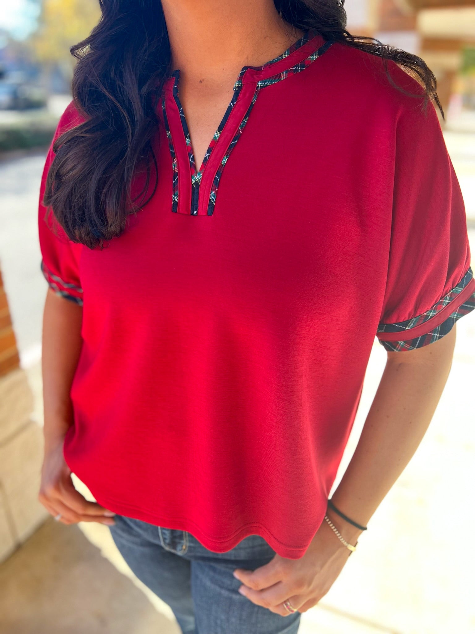 Red Short Sleeve V - Neck Top with Plaid Binding Trim - A'Bekah's Boutique