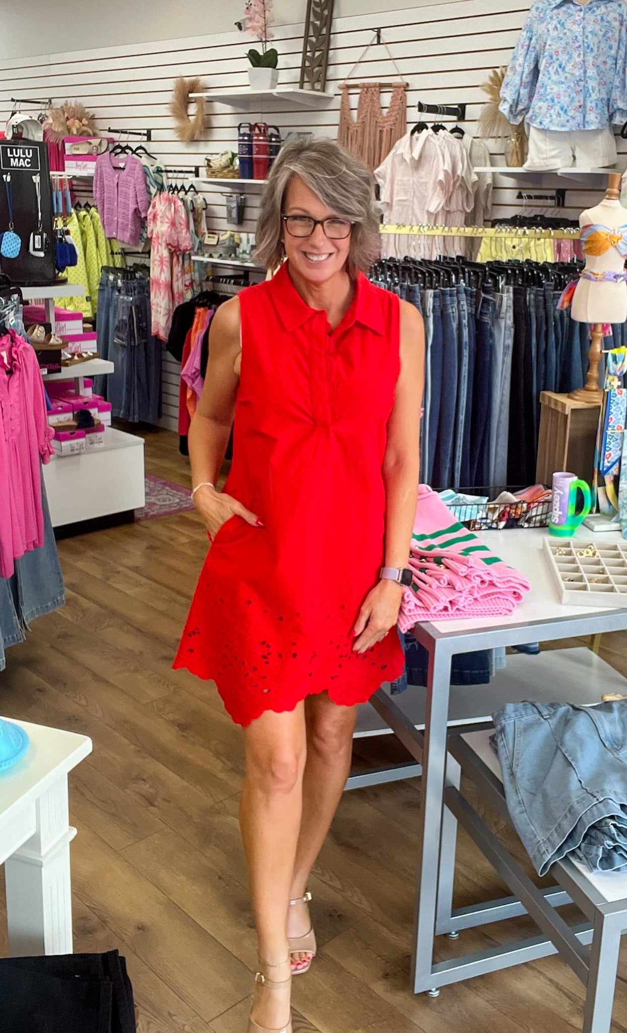 Red Sleeveless Dress with Eyelet Hem - A'Bekah's Boutique