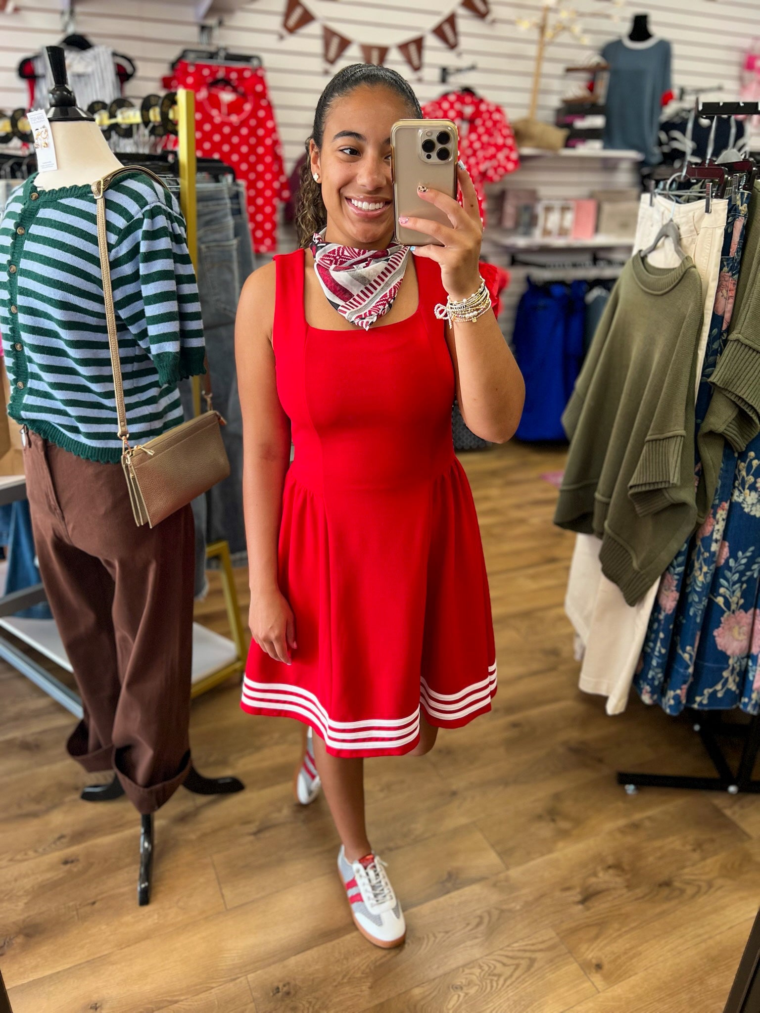 Red Sleeveless Dress with Square Neckline and Contrast Trim at Hem - A'Bekah's Boutique