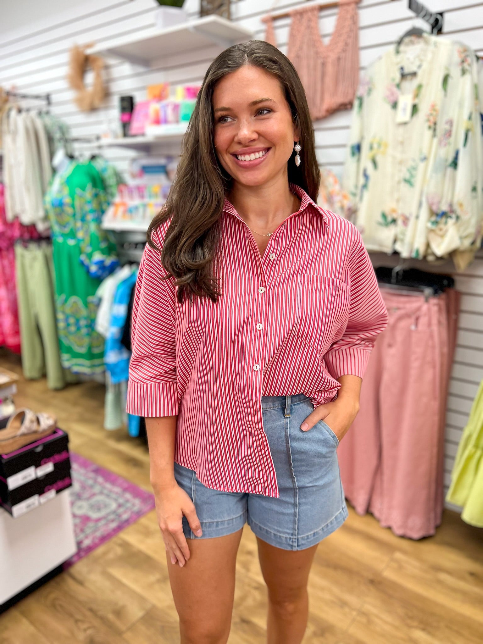 Red Striped Button Down Top with Elbow Length Sleeves - A'Bekah's Boutique