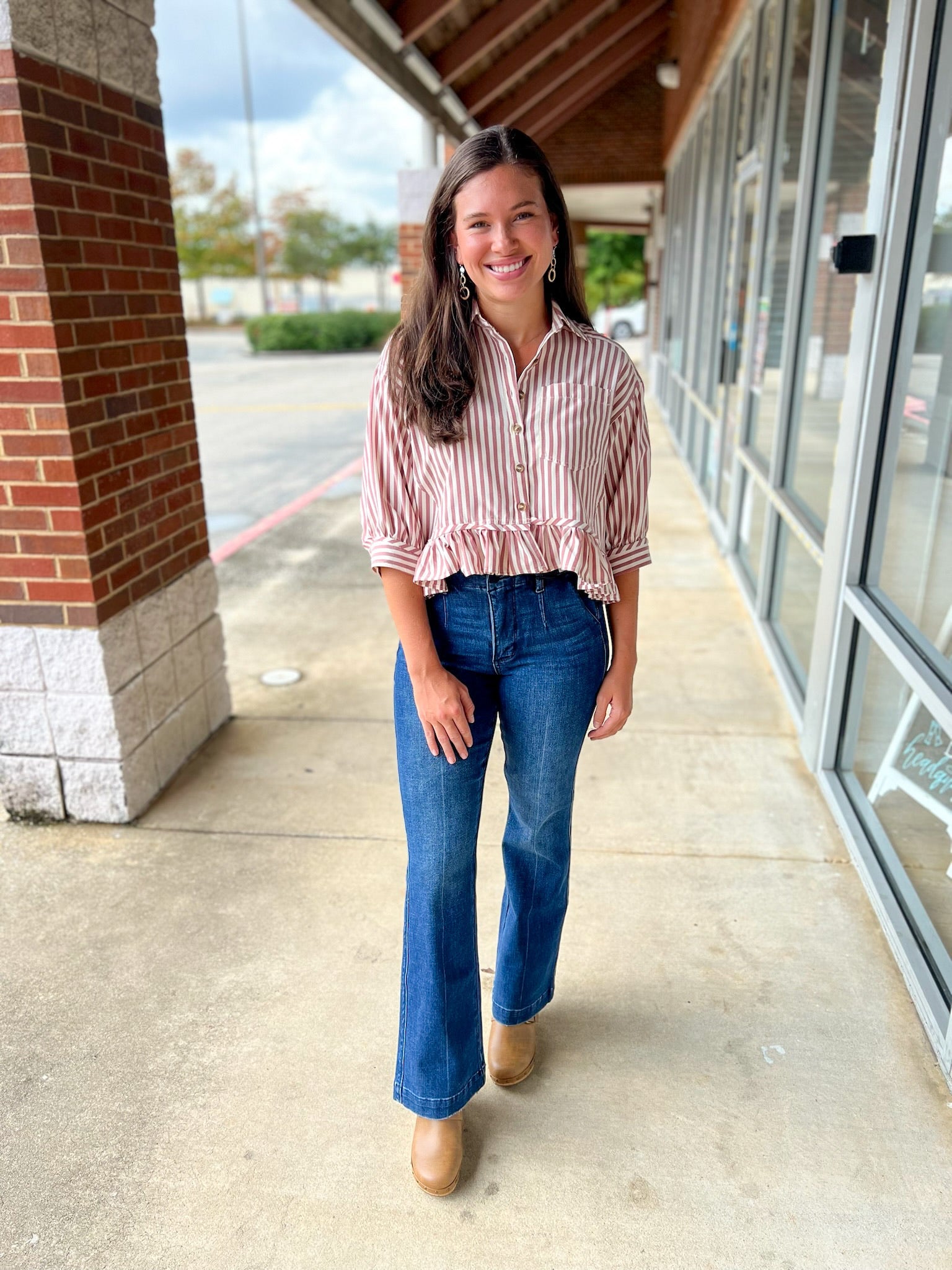 Red Striped Button Up Ruffled Hem Top - A'Bekah's Boutique