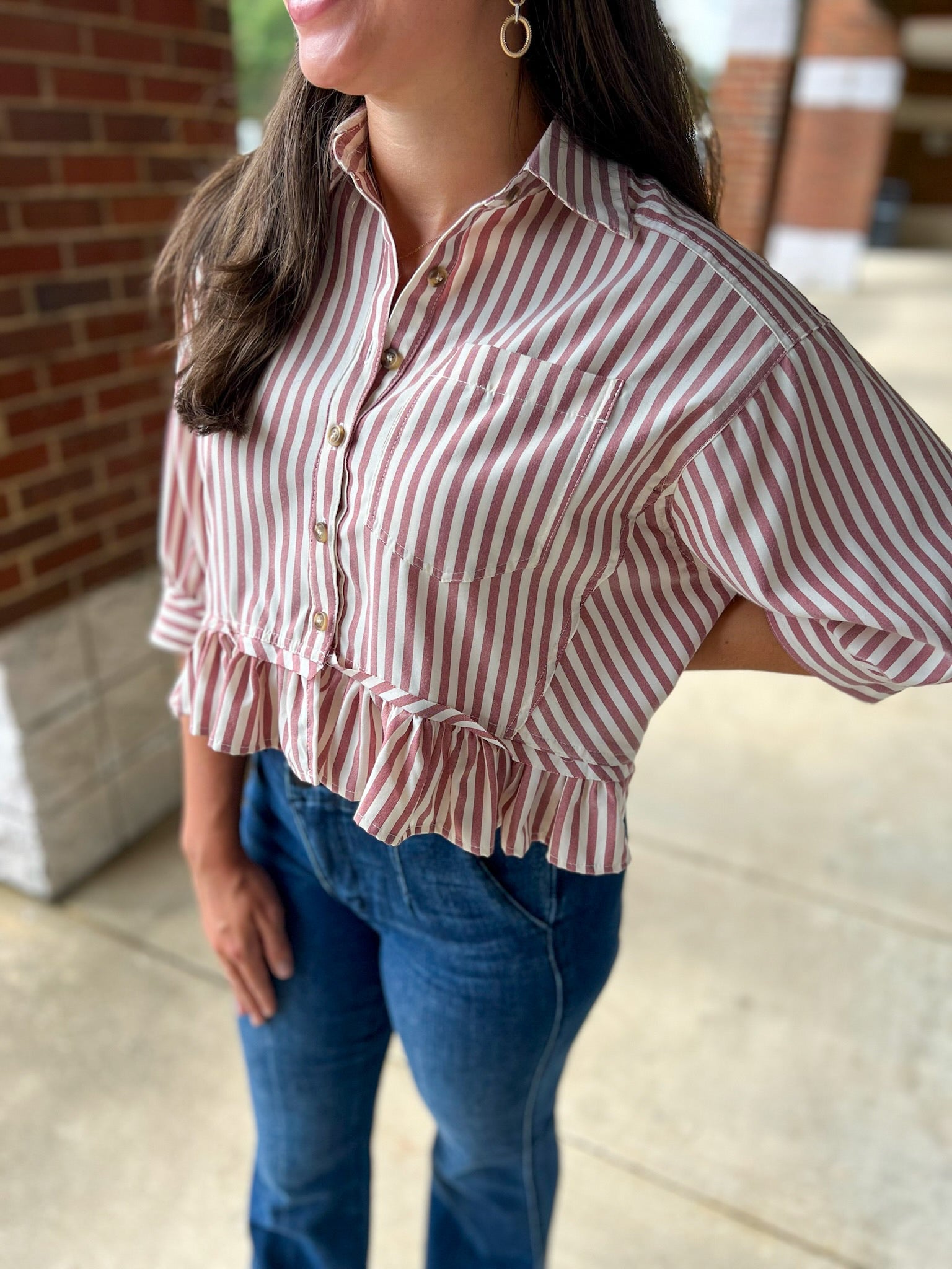 Red Striped Button Up Ruffled Hem Top - A'Bekah's Boutique