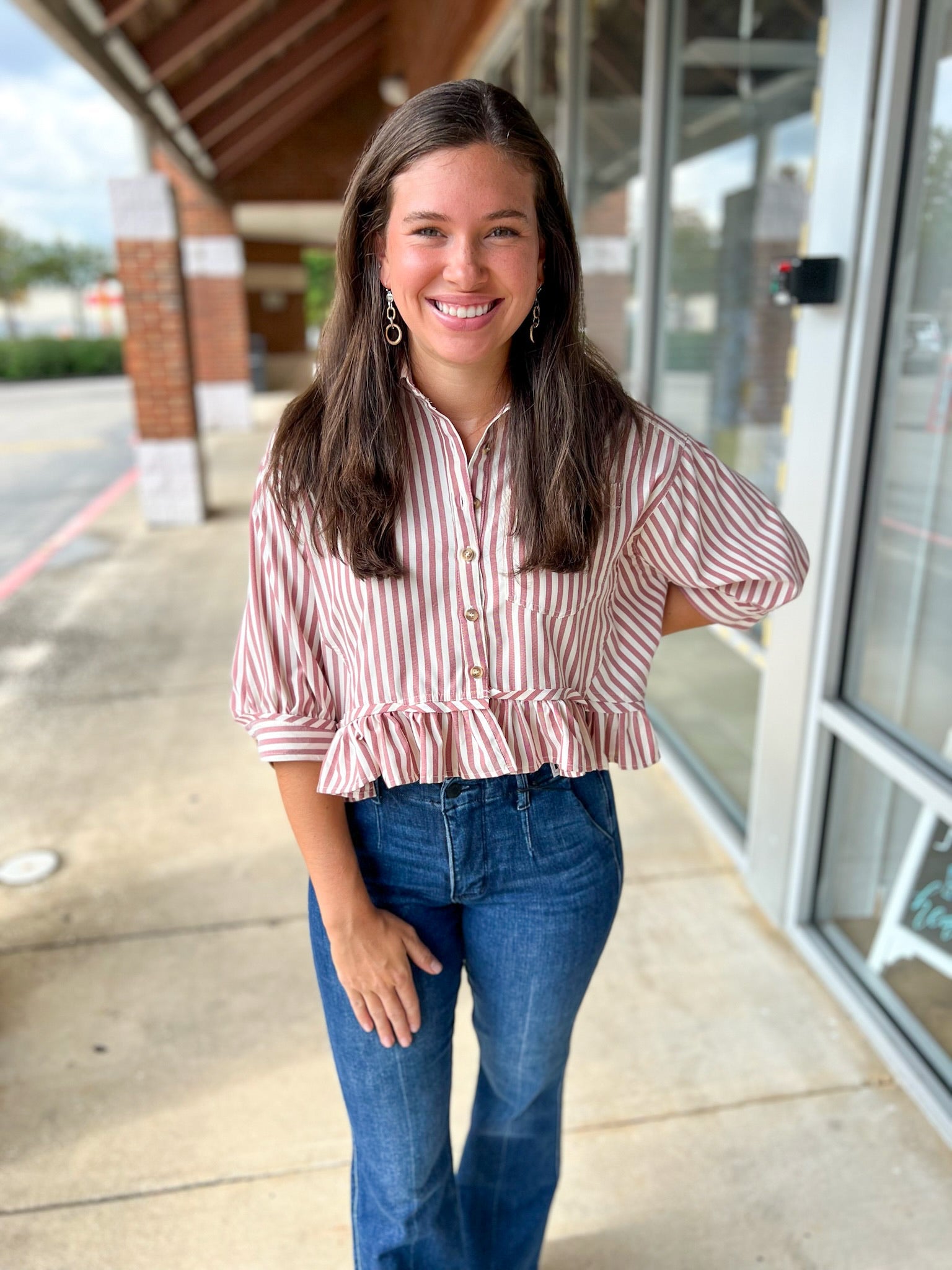 Red Striped Button Up Ruffled Hem Top - A'Bekah's Boutique
