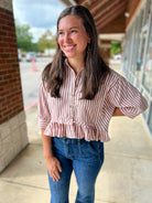 Red Striped Button Up Ruffled Hem Top - A'Bekah's Boutique