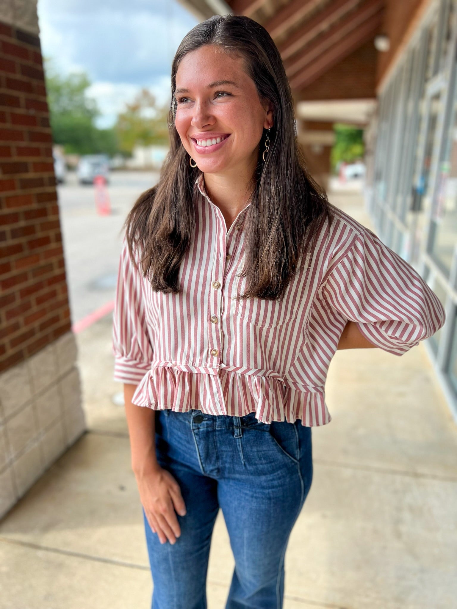Red Striped Button Up Ruffled Hem Top - A'Bekah's Boutique
