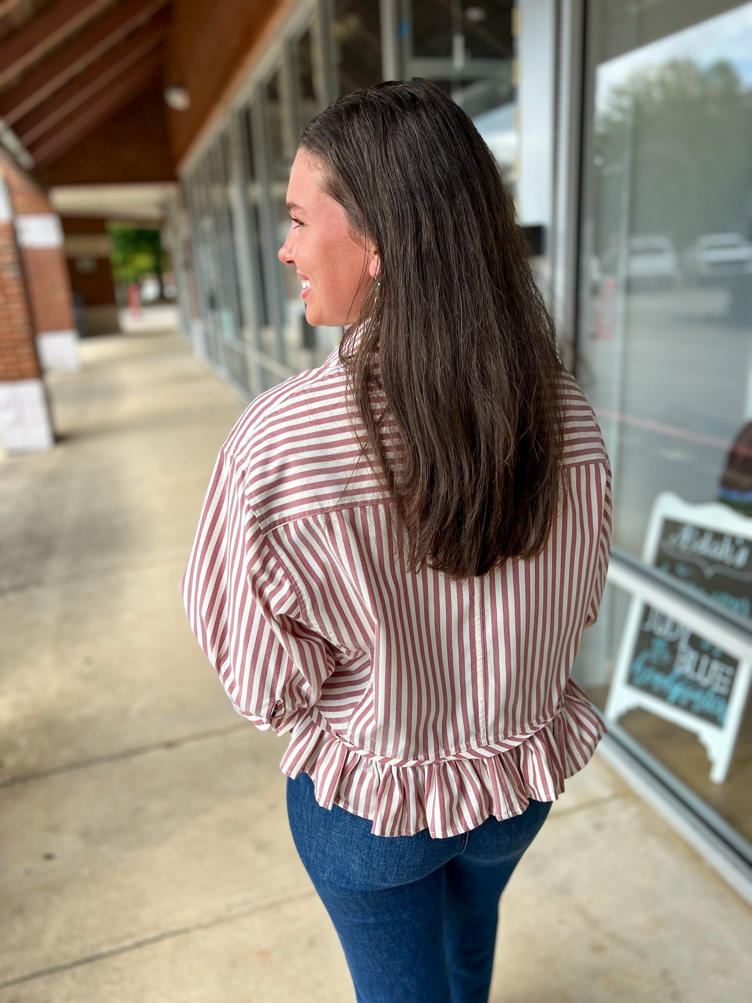 Red Striped Button Up Ruffled Hem Top - A'Bekah's Boutique
